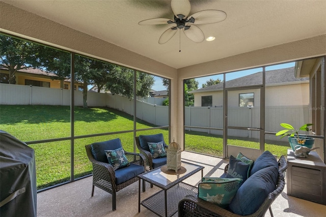 1005 Thunderhead Ln, Minneola, FL 34715 - sunroom with outdoor lounge area and ceiling fan