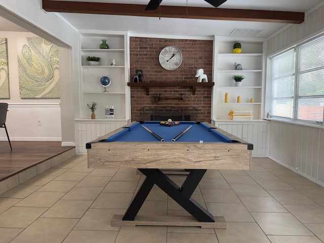 904 15th St NE, Winter Haven, FL 33881 - recreation room featuring built in features, light tile patterned flooring, billiards, beamed ceiling, and wood walls