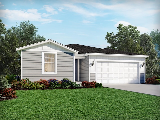 16 Ararat Dr, Palm Coast, FL 32137 - ranch-style house featuring driveway, an attached garage, a front yard, board and batten siding, and a shingled roof