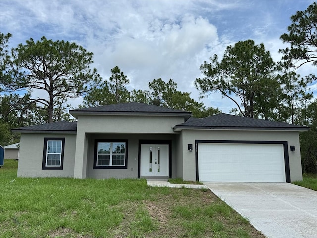 2011 W Tacoma Dr, Citrus Springs, FL 34434 - prairie-style home with stucco siding, french doors, concrete driveway, a garage, and a front lawn