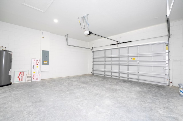 2011 W Tacoma Dr, Citrus Springs, FL 34434 - garage featuring a garage door opener, water heater, concrete block wall, and electric panel