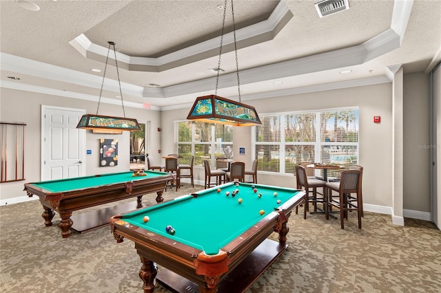 8362 Bella Tierra Ct Unit 10146, Davenport, FL 33896 - playroom with a tray ceiling, a textured ceiling, crown molding, carpet flooring, and pool table