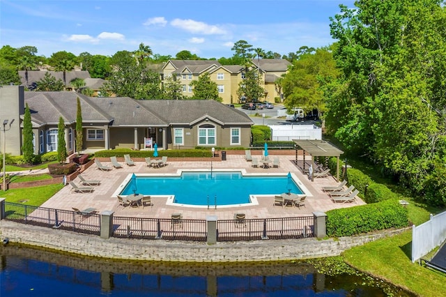 408 Summit Ridge Pl Unit 210, Longwood, FL 32779 - community pool featuring a patio, a pergola, a residential view, and a water view