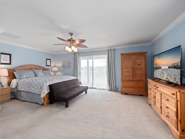 2454 Black Lake Blvd, Winter Garden, FL 34787 - bedroom featuring access to outside, light carpet, crown molding, and ceiling fan