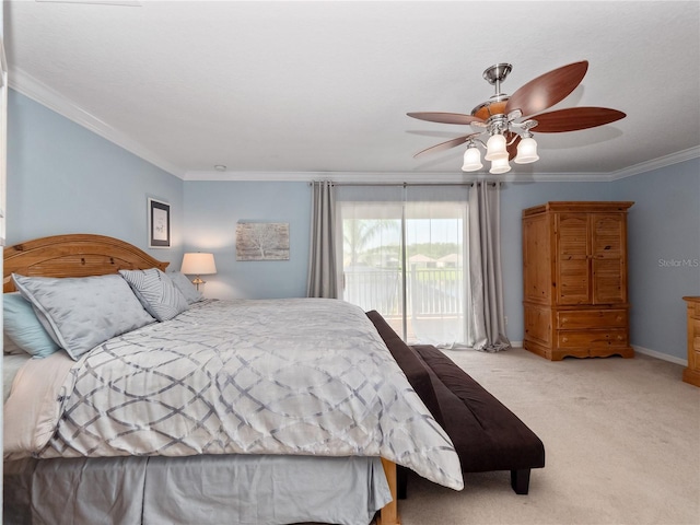 2454 Black Lake Blvd, Winter Garden, FL 34787 - bedroom featuring carpet floors, access to exterior, crown molding, and a ceiling fan