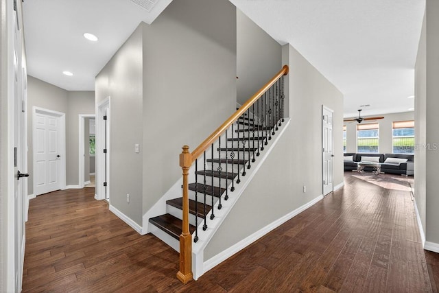 30120 Hackney Loop, Mount Dora, FL 32757 - stairs with wood finished floors, a ceiling fan, and recessed lighting