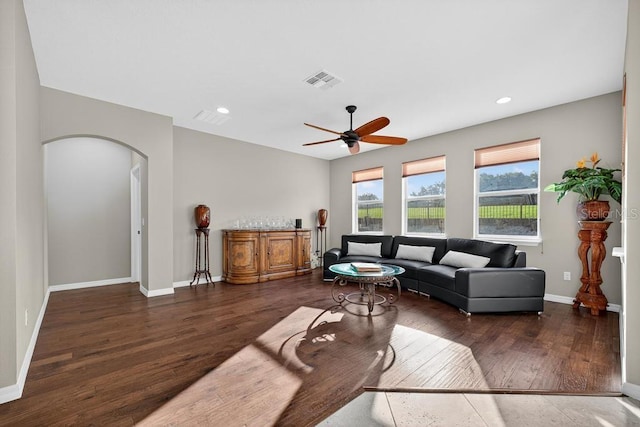 30120 Hackney Loop, Mount Dora, FL 32757 - living room featuring arched walkways, wood finished floors, a ceiling fan, and recessed lighting