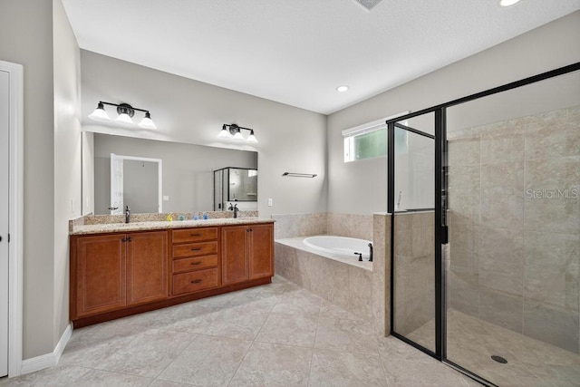 30120 Hackney Loop, Mount Dora, FL 32757 - bathroom with a bath, a shower stall, double vanity, tile patterned flooring, and recessed lighting