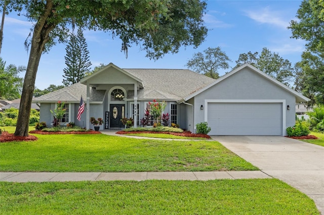 5949 Broken Bow Ln, Port Orange, FL 32127 - view of front facade with stucco siding, a garage, driveway, a front yard, and a shingled roof