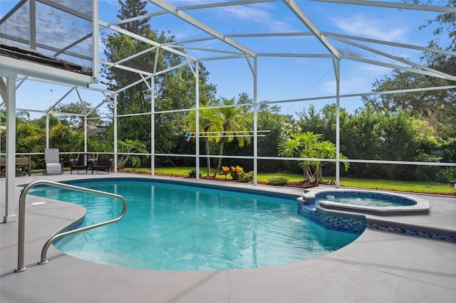 5949 Broken Bow Ln, Port Orange, FL 32127 - view of pool featuring a patio area, a pool with connected hot tub, view of scattered trees, and glass enclosure