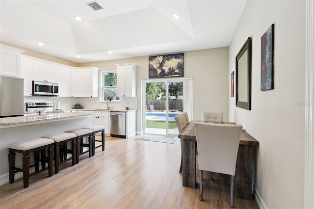 430 Baker Ave, Lake Helen, FL 32744 - kitchen with appliances with stainless steel finishes, a kitchen breakfast bar, backsplash, light wood-type flooring, and white cabinets