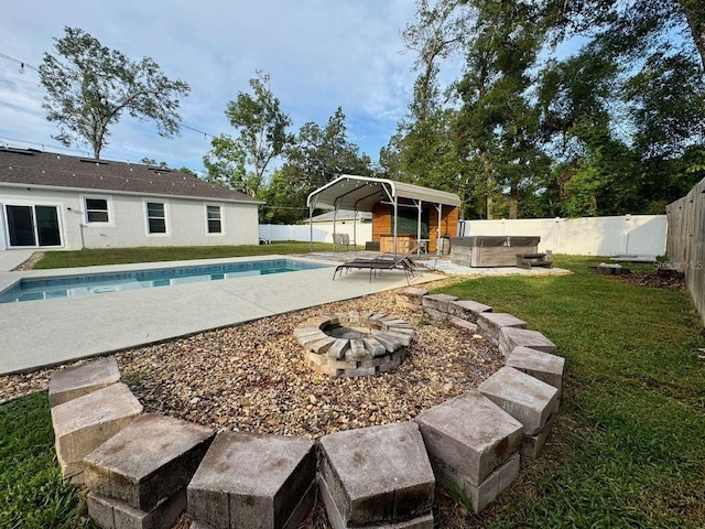 430 Baker Ave, Lake Helen, FL 32744 - view of swimming pool featuring an outdoor fire pit, a fenced backyard, a patio, and a hot tub