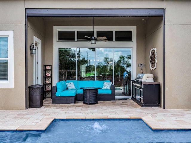 14903 Ellingsworth Ln, Winter Garden, FL 34787 - view of swimming pool with an outdoor living space, a ceiling fan, a patio area, and area for grilling