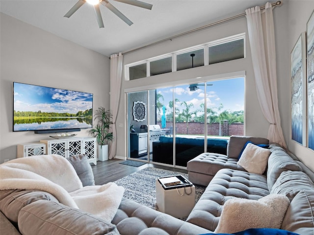 14903 Ellingsworth Ln, Winter Garden, FL 34787 - living room featuring a ceiling fan, wood finished floors, and a towering ceiling
