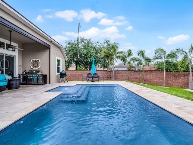 14903 Ellingsworth Ln, Winter Garden, FL 34787 - view of swimming pool featuring a fenced backyard, a patio, ceiling fan, and grilling area