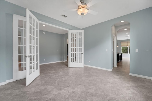 7540 Bishop Square Dr, Winter Garden, FL 34787 - unfurnished room featuring french doors, ceiling fan, arched walkways, and recessed lighting