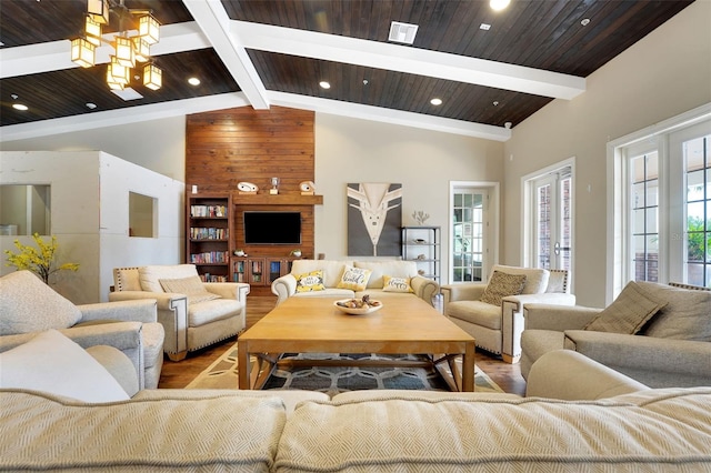 7540 Bishop Square Dr, Winter Garden, FL 34787 - living room featuring wood finished floors, recessed lighting, a chandelier, high vaulted ceiling, and a wood ceiling with exposed beams