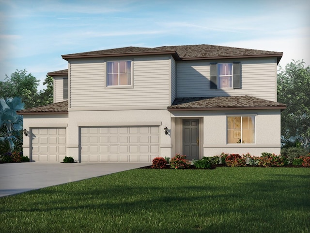 13816 Richland Gulf Cir, Parrish, FL 34219 - traditional-style house with a garage, a front yard, driveway, roof with shingles, and stucco siding