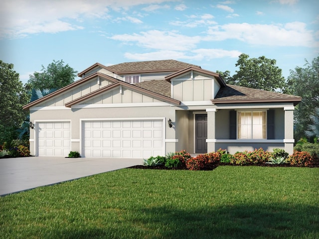 13804 Richland Gulf Cir, Parrish, FL 34219 - craftsman house with a garage, driveway, a front lawn, board and batten siding, and a shingled roof