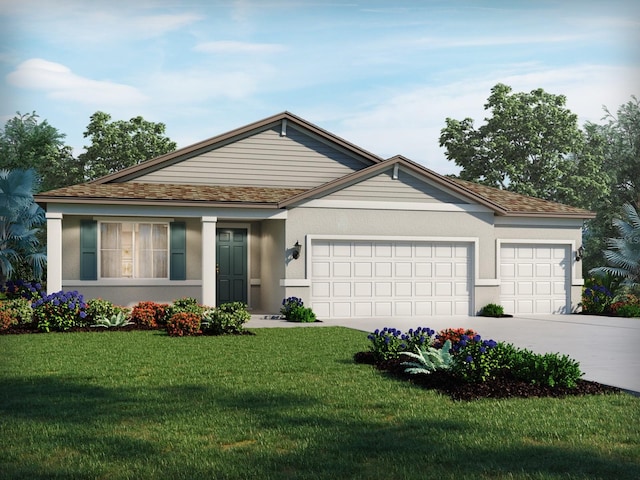 13824 Richland Gulf Cir, Parrish, FL 34219 - ranch-style home featuring an attached garage, concrete driveway, a front lawn, and stucco siding