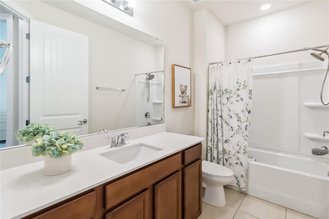 17461 Back Bay Ct, Clermont, FL 34714 - full bath featuring vanity, tile patterned floors, and shower / bathtub combination with curtain