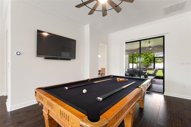 1406 Deuce Cir, Champions Gate, FL 33896 - playroom with ceiling fan, crown molding, dark wood-style floors, and pool table