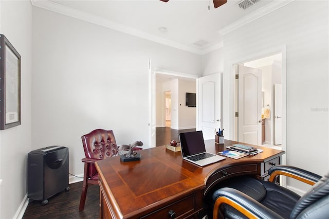 1406 Deuce Cir, Champions Gate, FL 33896 - home office with ornamental molding, ceiling fan, and dark wood-style floors
