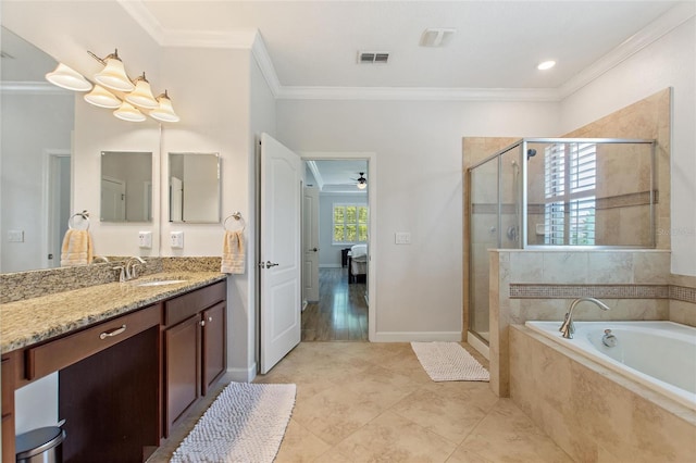 1406 Deuce Cir, Champions Gate, FL 33896 - full bath featuring a garden tub, ornamental molding, vanity, a shower stall, and tile patterned flooring