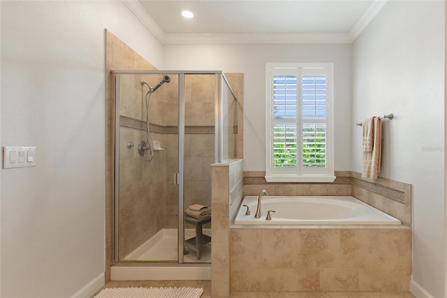 1406 Deuce Cir, Champions Gate, FL 33896 - bathroom with a bath, a stall shower, and crown molding