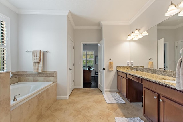 1406 Deuce Cir, Champions Gate, FL 33896 - bathroom featuring double vanity, a bath, crown molding, and tile patterned flooring