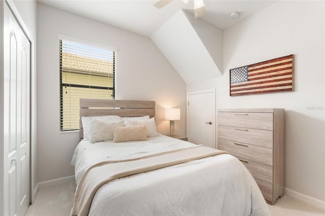1406 Deuce Cir, Champions Gate, FL 33896 - bedroom featuring light colored carpet, ceiling fan, and lofted ceiling