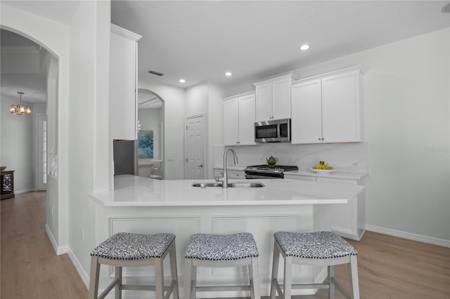 11222 Rapallo Ln, Windermere, FL 34786 - kitchen featuring appliances with stainless steel finishes, light wood-style flooring, arched walkways, light countertops, and recessed lighting
