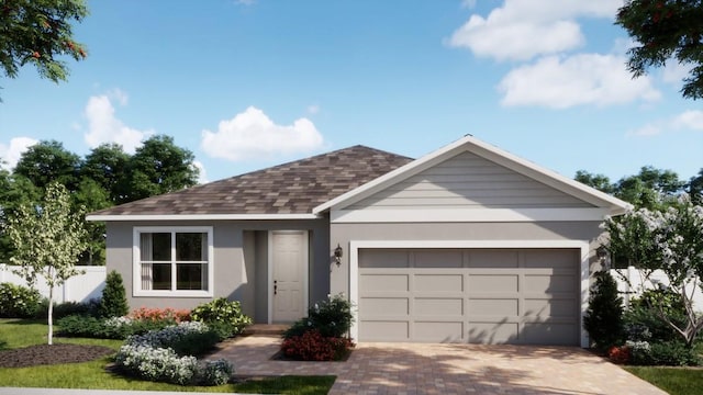 701 Farfields St, Deland, FL 32720 - ranch-style home with roof with shingles, an attached garage, stucco siding, and decorative driveway