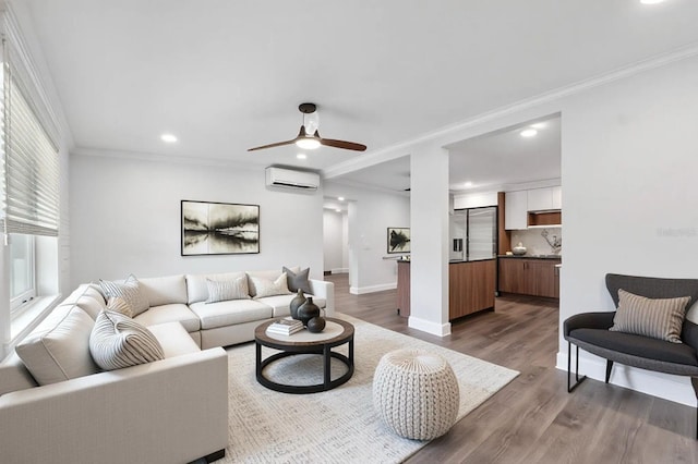 4505 Cottonwood Dr, New Port Richey, FL 34652 - living room featuring an AC wall unit, dark wood-type flooring, recessed lighting, a ceiling fan, and ornamental molding