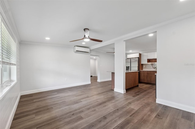 4505 Cottonwood Dr, New Port Richey, FL 34652 - unfurnished living room with an AC wall unit, ceiling fan, dark wood-style floors, recessed lighting, and crown molding