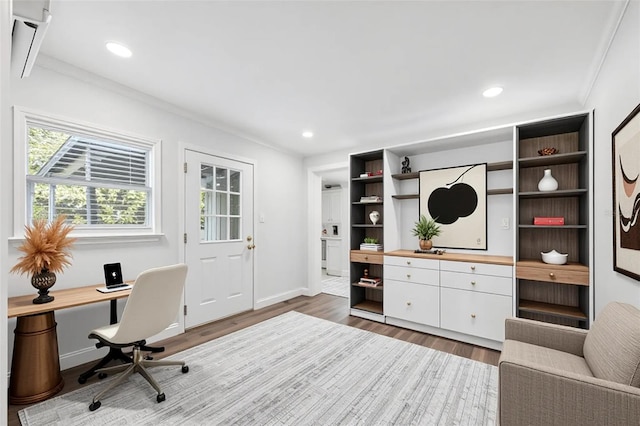 4505 Cottonwood Dr, New Port Richey, FL 34652 - office area featuring ornamental molding, wood finished floors, and recessed lighting