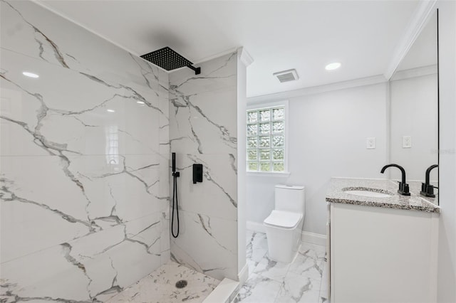 4505 Cottonwood Dr, New Port Richey, FL 34652 - full bathroom featuring vanity, marble finish floors, a marble finish shower, ornamental molding, and recessed lighting