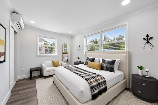4505 Cottonwood Dr, New Port Richey, FL 34652 - bedroom with a wall mounted air conditioner, ornamental molding, wood finished floors, and recessed lighting