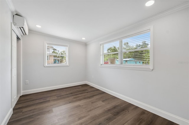 4505 Cottonwood Dr, New Port Richey, FL 34652 - unfurnished bedroom with an AC wall unit, multiple windows, dark wood-type flooring, crown molding, and recessed lighting