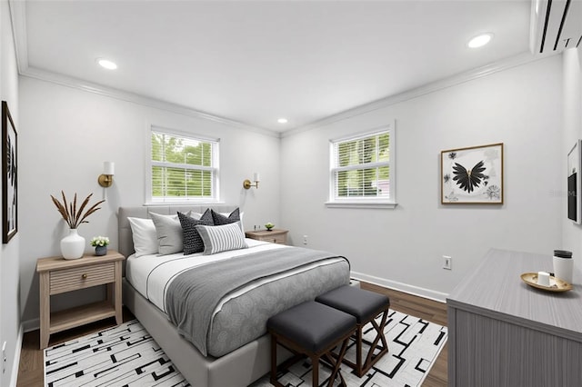 4505 Cottonwood Dr, New Port Richey, FL 34652 - bedroom featuring multiple windows, ornamental molding, a wall mounted air conditioner, light wood finished floors, and recessed lighting