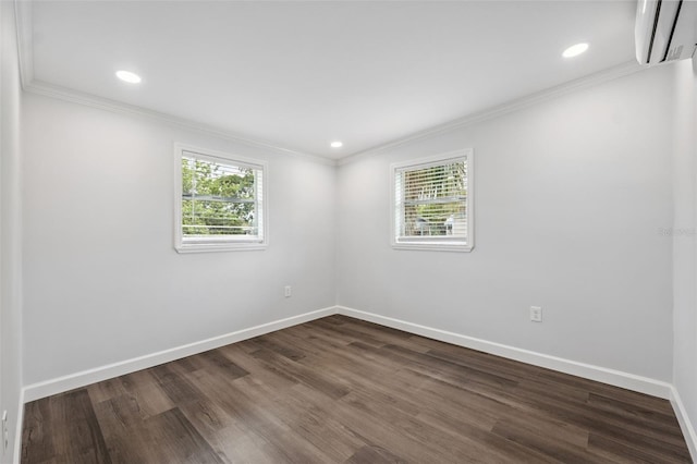 4505 Cottonwood Dr, New Port Richey, FL 34652 - empty room with healthy amount of natural light, crown molding, dark wood-style flooring, a wall mounted AC, and recessed lighting