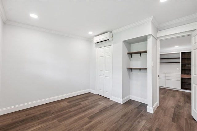 4505 Cottonwood Dr, New Port Richey, FL 34652 - unfurnished bedroom with a wall mounted air conditioner, dark wood-type flooring, ornamental molding, a closet, and recessed lighting