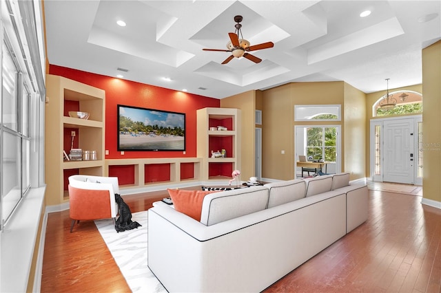 32 Allenwood Look, Ormond Beach, FL 32174 - living room featuring built in features, light wood-style floors, a ceiling fan, coffered ceiling, and recessed lighting