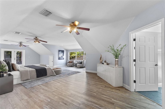 32 Allenwood Look, Ormond Beach, FL 32174 - bedroom featuring vaulted ceiling, wood finished floors, french doors, and a ceiling fan