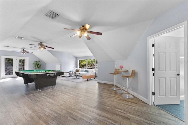 32 Allenwood Look, Ormond Beach, FL 32174 - playroom with billiards, a ceiling fan, lofted ceiling, wood finished floors, and french doors
