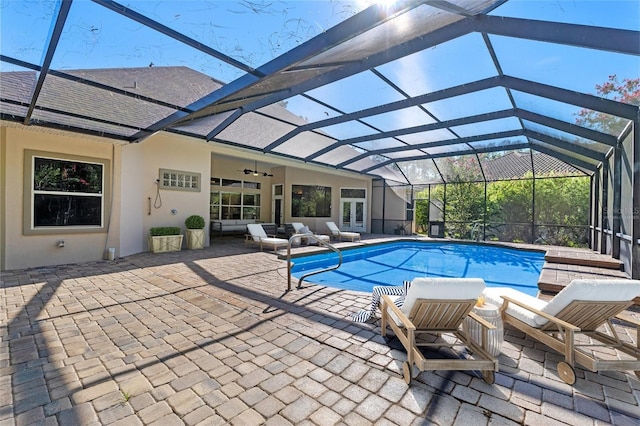 32 Allenwood Look, Ormond Beach, FL 32174 - swimming pool with a patio, a ceiling fan, a lanai, and an outdoor hangout area