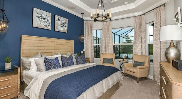 858 Arbor Green Trl, Saint Cloud, FL 34771 - carpeted bedroom with ornamental molding, a chandelier, and a tray ceiling