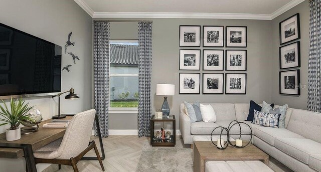858 Arbor Green Trl, Saint Cloud, FL 34771 - living room with ornamental molding, plenty of natural light, and an office area