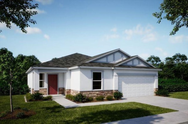 12518 Maginn Ct, Weeki Wachee, FL 34614 - view of front facade with stone siding, a garage, driveway, a front yard, and stucco siding