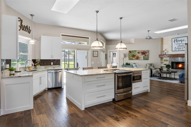 5141 Autumn Ridge Ln, Windermere, FL 34786 - kitchen featuring appliances with stainless steel finishes, a skylight, dark wood-type flooring, a large fireplace, and open floor plan